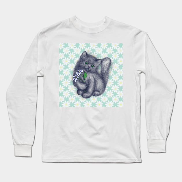 Cute Kitten with Daisies Long Sleeve T-Shirt by micklyn